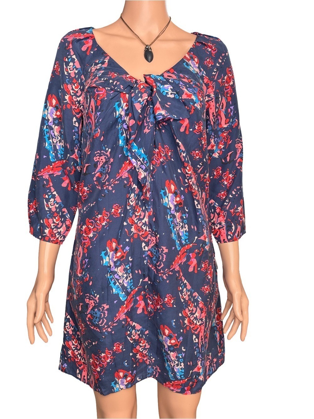 Juicy Couture Silk Geometric Print Dress, V-Neck, Pockets, 35" Length Small